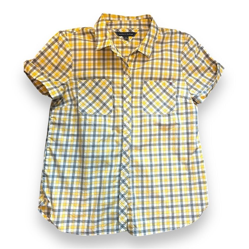 Tommy Hilfiger Womens Shirt Short Sleeves Button Up Plaid Yellow Gray Medium